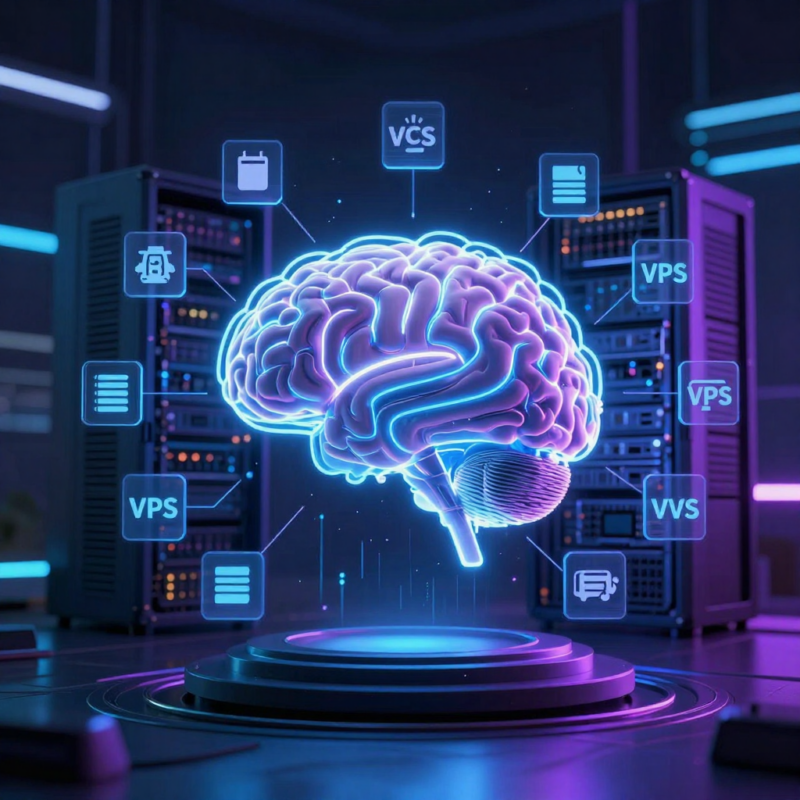 AI brain integrated with server rack for VPS optimization