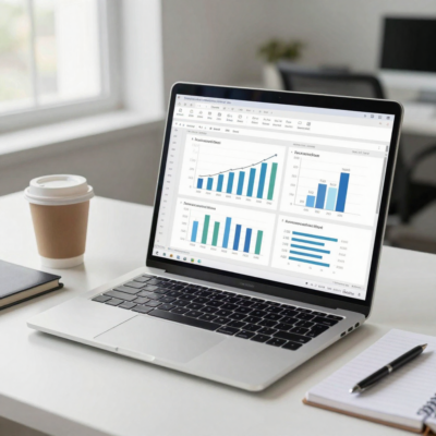 Laptop hiển thị bảng tính Excel với biểu đồ AI trong văn phòng