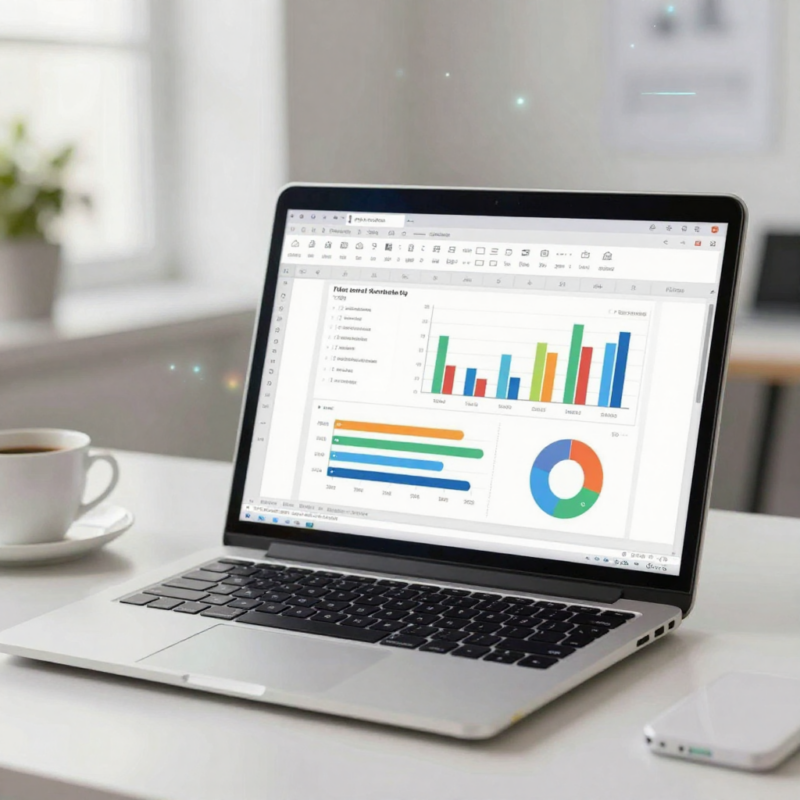Excel spreadsheet with AI Copilot features on a laptop in an office