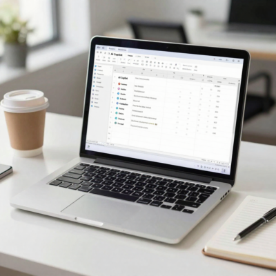 Laptop showing Excel with Copilot AI tool in a professional workspace
