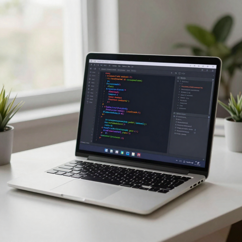Laptop displaying AI-generated code with Copilot in a clean workspace