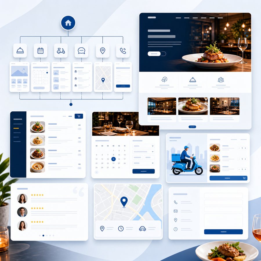 Cấu trúc website nhà hàng gồm menu, đặt bàn và bản đồ